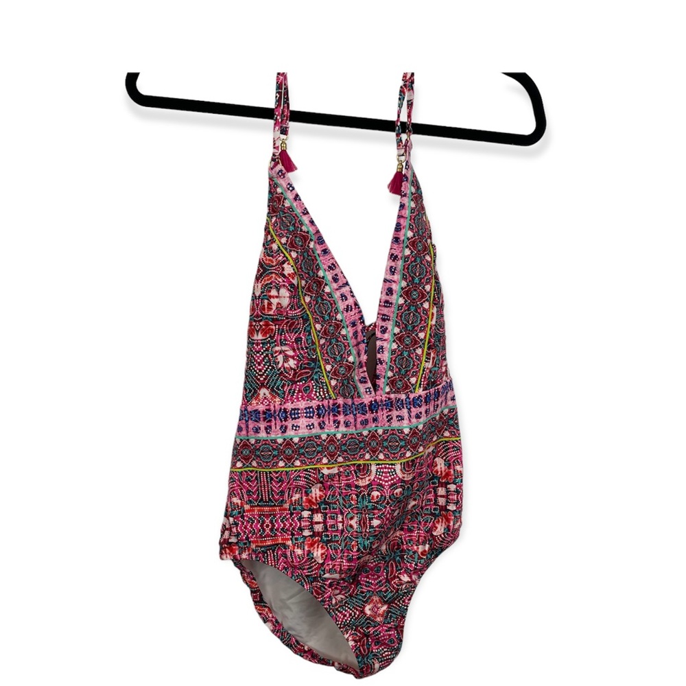 Nanette Lepore One Piece Bathing Suit Pink Geometric Pattern Fringe Tassel Boho